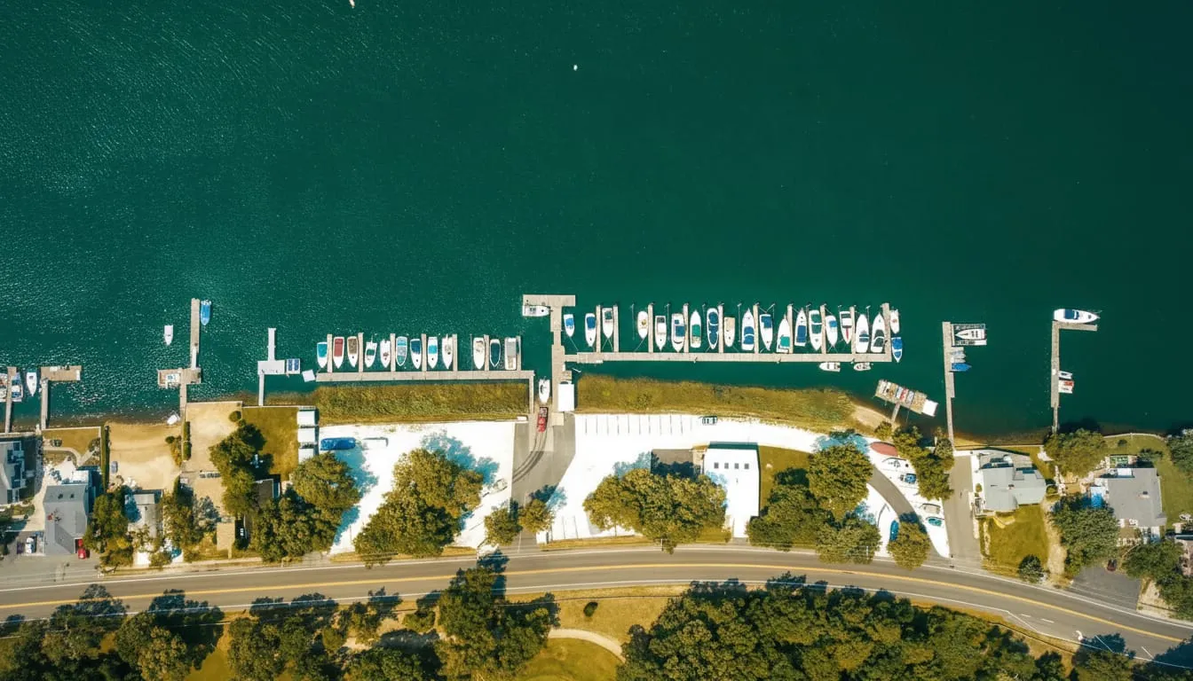 Aerial view of Shady River Marina and its boat slips in Egg Harbor Township, NJ