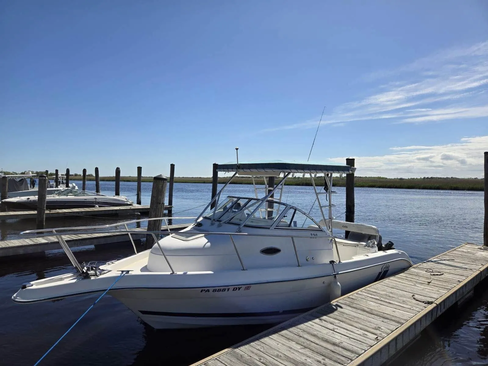 Boat docked at Shady River Marina in Egg Harbor Township NJ
