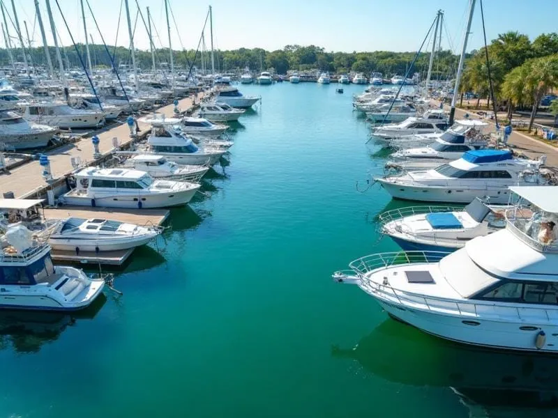 Boats and slips at Shady River Marina storage area